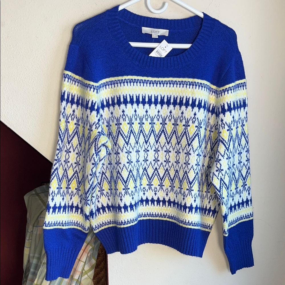 LOFT Vibrant Blue and White Knit Yellow Geo Nordic Mock Neck Sweater XL NWT